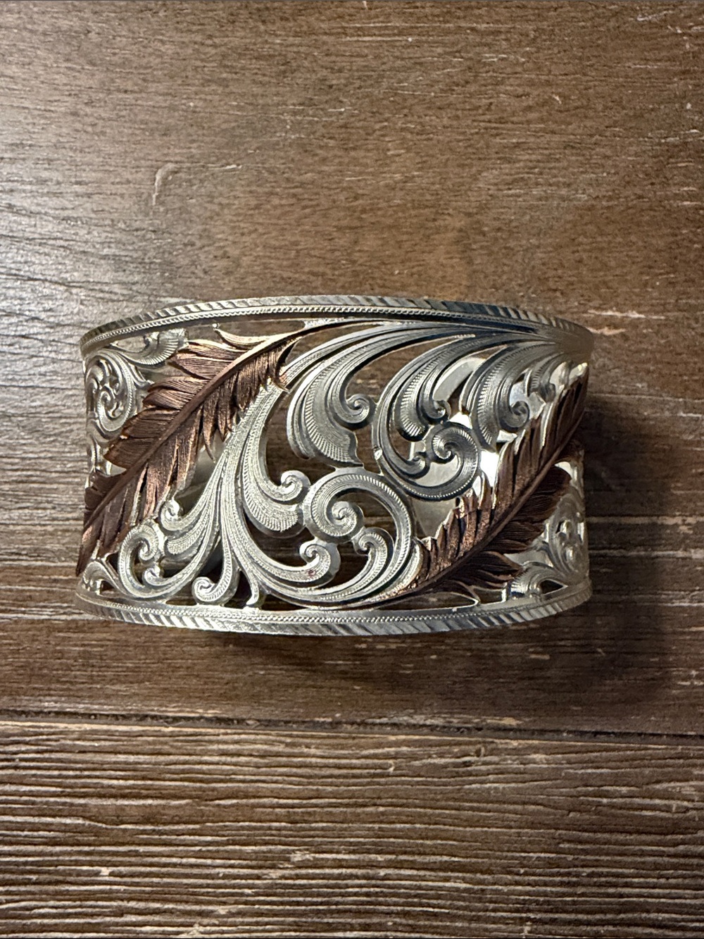 Engraved Two-Tone Wide Cuff Bracelet - Silver & Rose Gold Tones